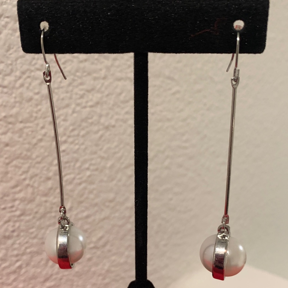 New York & Company Silver and White Sphere Pear Look Earrings.